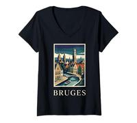 Women's Bruges Belgium Canal City Travel Art V-Neck T-Shirt