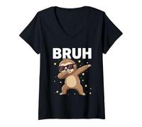Women's Bruh Dabbing Sloth Sunglasses Funny Sloth Dabbing Cute Kids V-Neck T-Shirt
