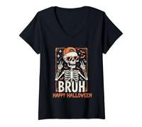 Womens Bruh Happy Halloween Skeleton Funny Boys Kids Teens Rock V-Neck T-Shirt