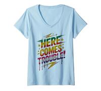 Women's Bruh HERE Comes Trouble Kids Teacher Race On Games Begin Fun V-Neck T-Shirt