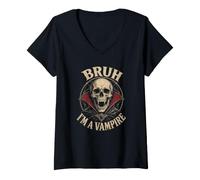 Women's Bruh Im A Vampire Skull Dracula Lazy Halloween Costume V-Neck T-Shirt