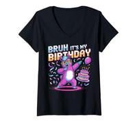 Womens Bruh, It’s My Birthday Funny Llama Bday Party V-Neck T-Shirt