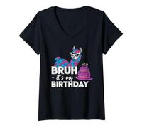 Womens Bruh It's My Birthday Funny Llama Cake Celebration V-Neck T-Shirt