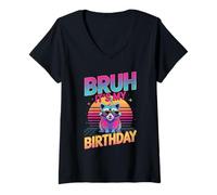 Women's Bruh Its My Birthday Raccoon Retro Sunset Vaporwave V-Neck T-Shirt