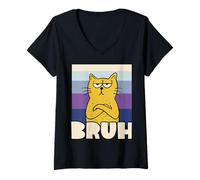 Womens Bruh Meme Cat Vintage Look V-Neck T-Shirt