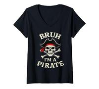 Womens Bruh Pirate Lazy Skull Bandana Costume Pretend I'm a Pirate V-Neck T-Shirt
