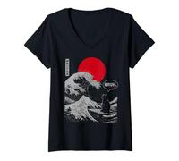 Women's Bruh. The Great Wave Kanagawa Funny Japanese Surfing Cat V-Neck T-Shirt