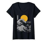 Women's Bruh. The Great Wave Kanagawa Japanese Funny Surfing Cat V-Neck T-Shirt