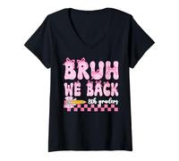 Womens Bruh We Back 8th Graders First Day Of Eighth Grade Girls Bow V-Neck T-Shirt