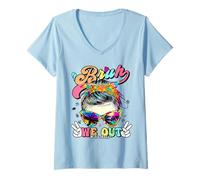 Women's Bruh We Out Teachers Messy Bun Tie Dye Summer Sunglasses V-Neck T-Shirt
