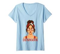 Womens Brunette Danish Girl Denmark Flag Danish Girlfriend Wife V-Neck T-Shirt