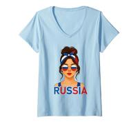 Womens Brunette Russian Girl Russia Flag Russian Girlfriend Wife V-Neck T-Shirt
