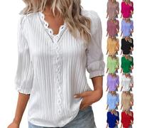 Women's Bubble Hem Tops Summer Tops for Women UK Elegant Lace Splicing Hollow Bubble 3/4 Sleeve Blouses V-Neck Shirts Ladies Soft Casual Tunic Work Linen top for Women UK (White, XXXXXL)