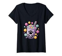 Womens Bubble Milk Tea Kawaii Boba Tea Puppy Cute Design V-Neck T-Shirt