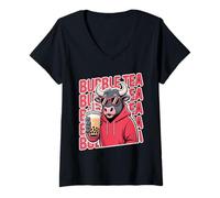 Womens Bubble Tea Bull Drinking Tea Lover Funny Boba Drink V-Neck T-Shirt