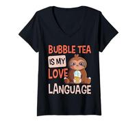 Women's Bubble Tea is My Love Language Boba Tea Cute Sloth V-Neck T-Shirt