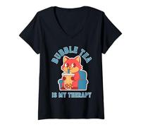 Women's Bubble Tea is My Therapy Cat Boba Humor V-Neck T-Shirt