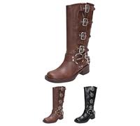Womens Buckle Biker Boots Womens Punk Boots Low Heel Square Toe Boot Wide Leg Goth Boot Chunky Block Mid Calf Booties Retro Gothic Booties Trendy Motorbiker Bootie Laides Pu Bootie