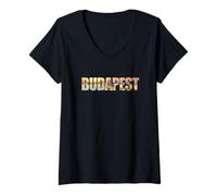 Womens Budapest Text with Hungary Danube River & Parliament Graphic V-Neck T-Shirt