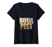 Womens Budapest Text with Hungary Danube River & Parliament Graphic V-Neck T-Shirt