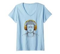 Womens Buddha Wearing Headphones Gym Yoga Meditation Relax Men Mom V-Neck T-Shirt