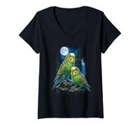 Women's Budgerigar Parakeet Moonlight Waterfall Nature Budgie V-Neck T-Shirt