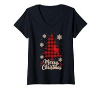 Women's Buffalo Plaid Cardinal Merry Christmas Tree V-Neck T-Shirt