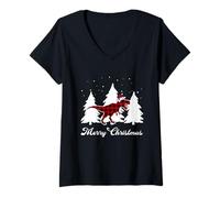 Womens Buffalo Plaid T Rex Dinosaur Christmas Pajama Outfit V-Neck T-Shirt