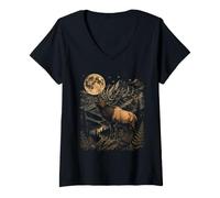 Women's Bugling Elk Full Moon Wilderness Mountain Art V-Neck T-Shirt