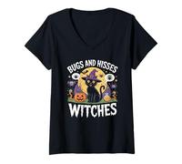 Womens Bugs and Hisses Witches Cat Halloween Kids Cute Witch Shirt V-Neck T-Shirt