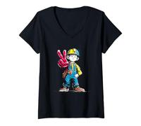 Women's Builder Peace Sign Retro Pop Worker Character Graphic Work V-Neck T-Shirt