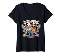 Womens Building America Construction Worker 4th of July V-Neck T-Shirt