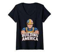 Womens Building America Construction Worker 4th of July V-Neck T-Shirt