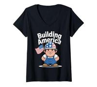 Womens Building America Construction Worker 4th of July V-Neck T-Shirt