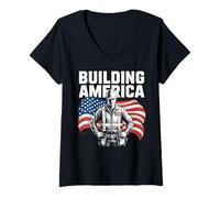 Womens Building America Construction Worker 4th of July V-Neck T-Shirt