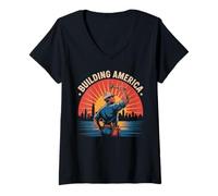 Womens Building America Construction Worker 4th of July V-Neck T-Shirt