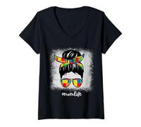 Women's Building Bricks Mom Messy Bun Mom Life Block Builder V-Neck T-Shirt