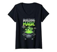 Women's Building Magic Brick Builder Halloween Brick Or Treat Witch V-Neck T-Shirt