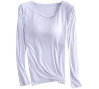 Women's Built In Bra Modal T-Shirt - Long Sleeve Padded Shirt Soft Yoga Top Comfortable Activewear Casual Sleepwear Workout Shirt Fall Solid Basics Tee Comfy Pullover Loungewear (Medium,08# White)