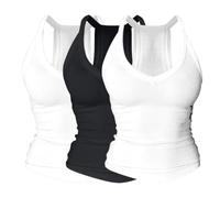 Womens Built in Bra Vest Top 3 Pack V Neck Ribbed Racerback Tank Tops | Soft Stretch 3PC Camisole, Sleeveless Padded Support, Slim Fit,Seamless Ribbed Loungewear for Yoga, Gym & Daily Wear