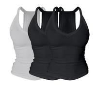 Womens Built in Bra Vest Top 3 Pack V Neck Ribbed Racerback Tank Tops | Soft Stretch 3PC Camisole, Sleeveless Padded Support, Slim Fit,Seamless Ribbed Loungewear for Yoga, Gym & Daily Wear