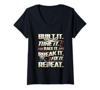 Women's Built It Tune It Race It Break It Fix Car Racing V-Neck T-Shirt