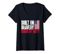 Womens Built on Bravery Design - Bound by Unity USA Flag Graphic V-Neck T-Shirt