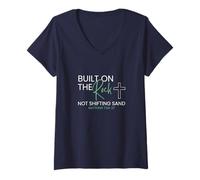 Womens Built on The Rock, Not Shifting Sand - Matthew 7:24-27 V-Neck T-Shirt