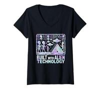 Women's Built with Alien Technology Pyramids Glitch Vaporwave V-Neck T-Shirt