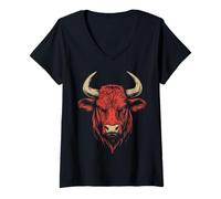 Womens Bull Animal Motif Illustration Bull V-Neck T-Shirt