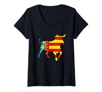 Womens Bull Valencia Flag Spanish Pride Valencian Toros Corrida V-Neck T-Shirt
