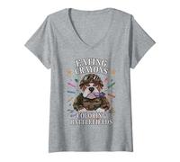 Womens Bulldog Eating Crayons Coloring BATTLEFIELDS Our Troop Team V-Neck T-Shirt