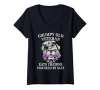 Womens Bulldog Grumpy Old Veteran EAT Crayons Powered by Salt Team V-Neck T-Shirt