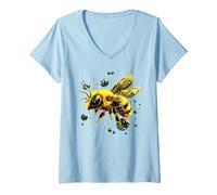 Womens Bumble Bee Flying With Bubbles Art Bees V-Neck T-Shirt